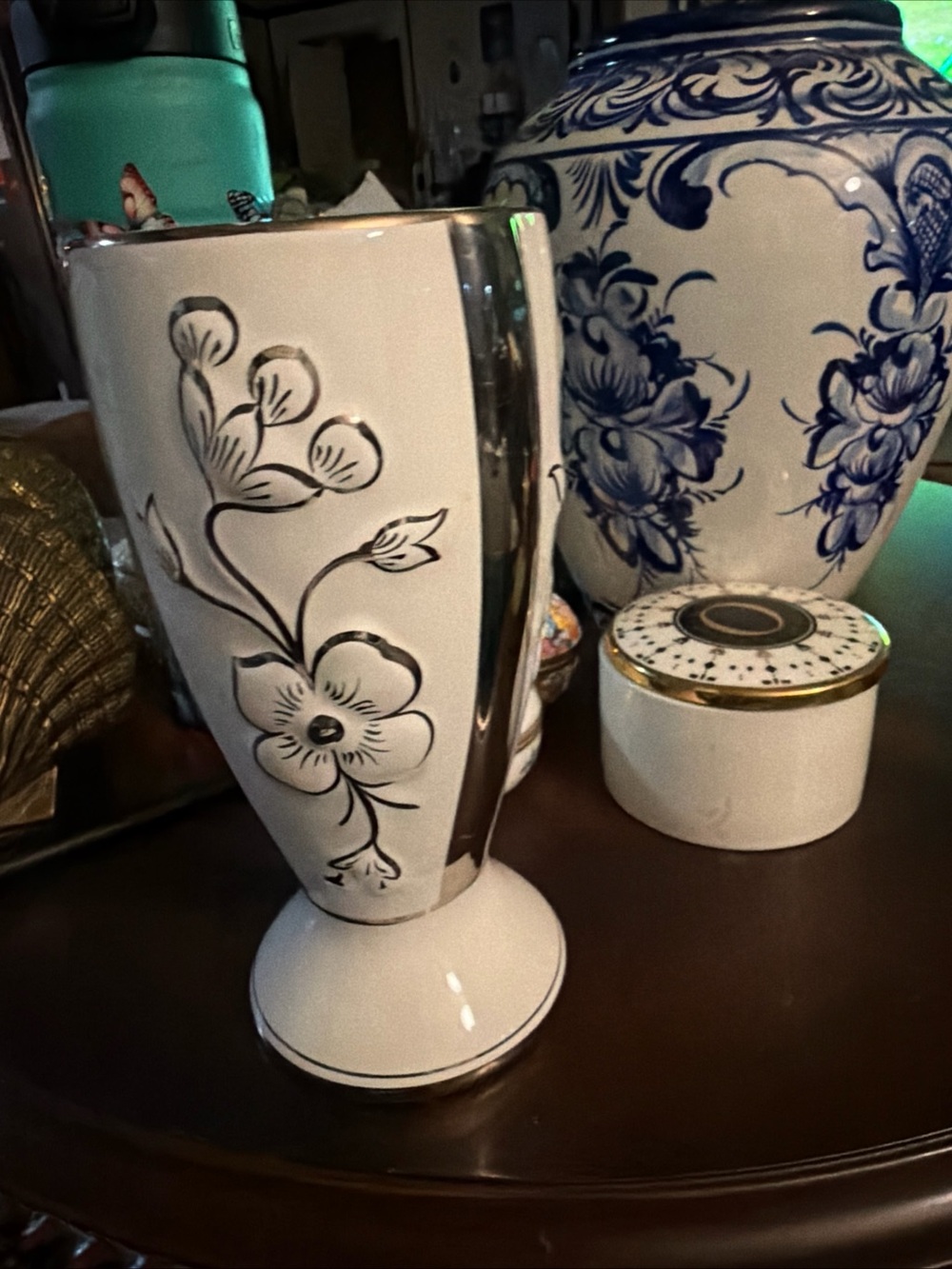 White Ceramic Floral Vase with Black Motif and Silver Trim